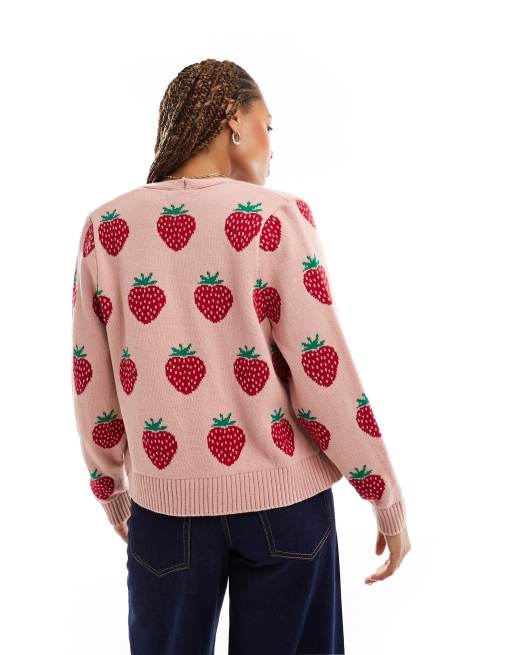 Miss Selfridge - Cardigan in maglia rosa tenue con fragole, 4 di 4