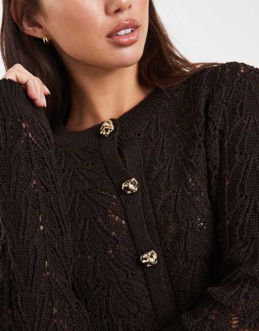 Miss Selfridge - Cardigan in maglia traforata marrone con bottoni, 3 di 4