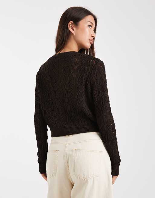 Miss Selfridge - Cardigan in maglia traforata marrone con bottoni, 4 di 4