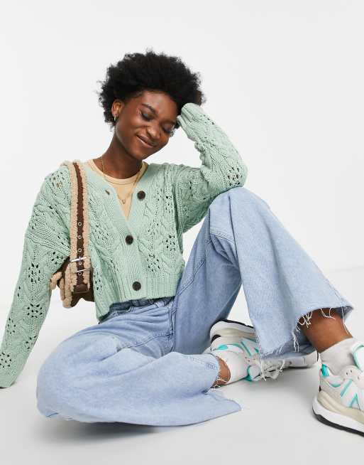 Miss Selfridge - Cardigan in maglia traforata spessa color salvia , 1 di 4