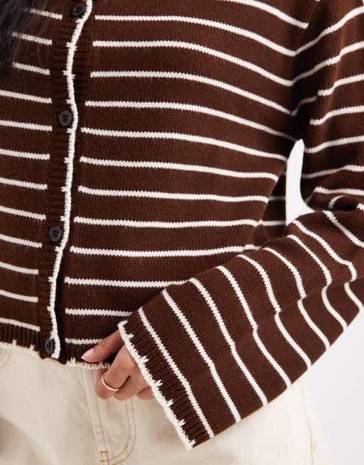 Miss Selfridge - Cardigan marrone a righe con bottoni, 3 di 4