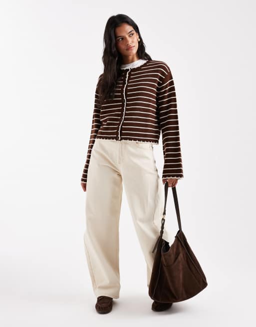 Miss Selfridge - Cardigan marrone a righe con bottoni, 4 di 4