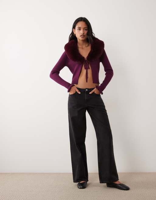 Miss Selfridge cardigan med bindefront, imiteret pelskrave og -manchetter i fig, 4 af 4