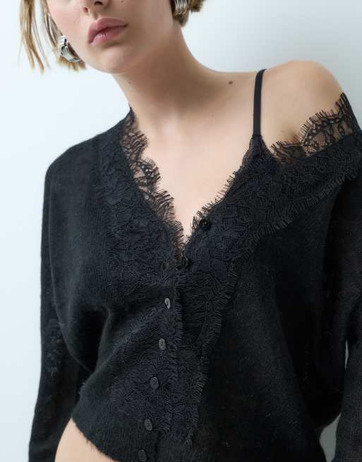 Miss Selfridge cardigan med blondekant i finstrik i sort, 3 af 5