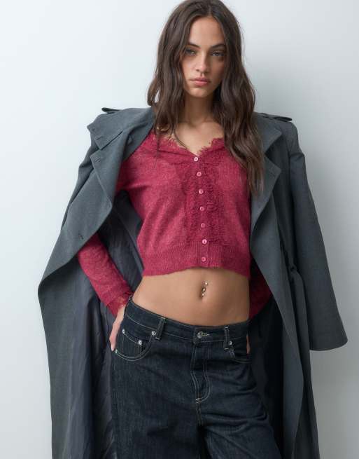 Miss Selfridge Cardigan mit Spitzenbesatz aus Feinstrick in Beere, 2 von 5