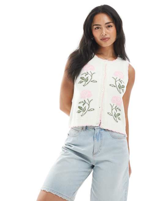 Miss Selfridge - Cardigan senza maniche color crema a fiori