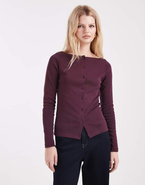 Miss Selfridge - Cardigan taglio lungo color prugna a coste - view 1
