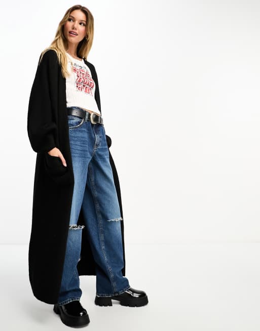 Miss Selfridge - Cardigan taglio lungo nero con tasche e maniche a palloncino