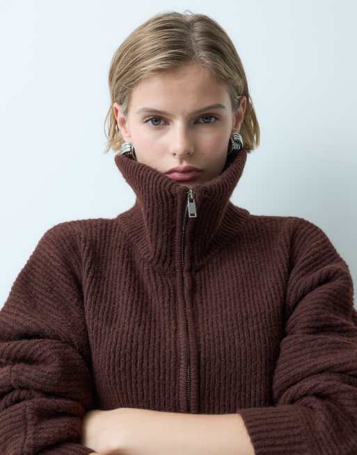 Miss Selfridge cardigan zippé en maille côtelée chunky à manches chauve-souris couleur chocolat, 3 de 5