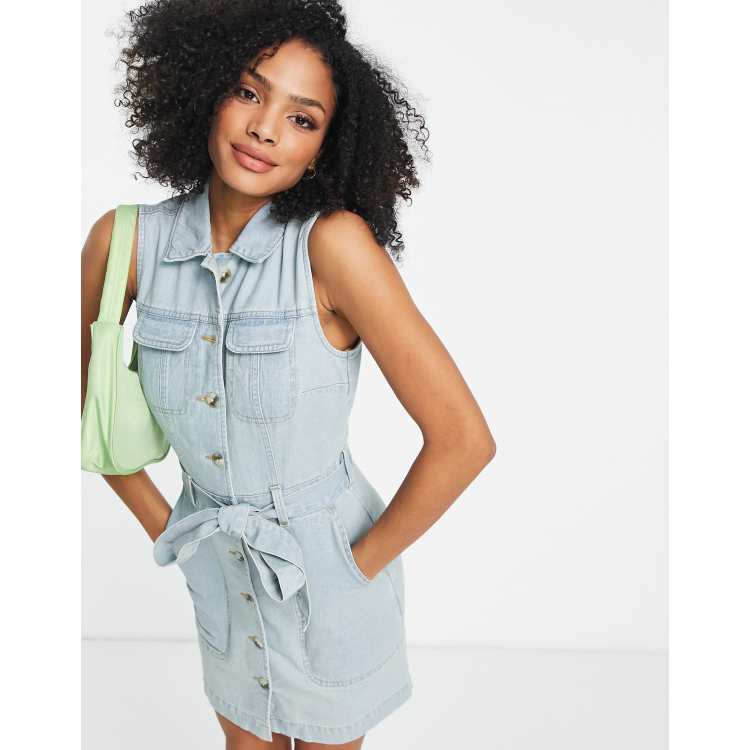 Miss Selfridge cargo denim sleeveless button front belted dress in  lightwash blue | ASOS