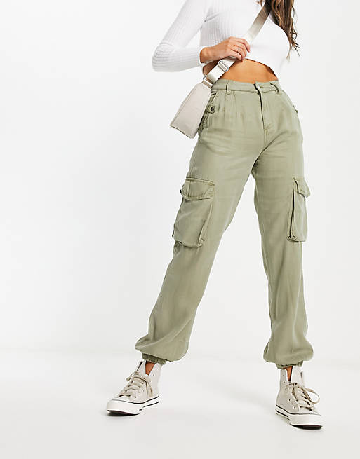 Miss Selfridge cargo pant with elastic hem in khaki