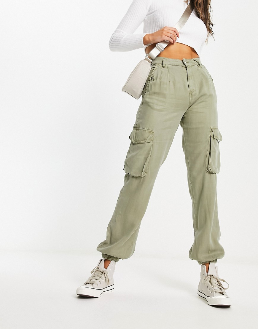 Miss Selfridge cargo pant with elasticated hem in khaki-Green