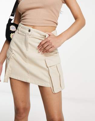 cargo pocket denim mini skirt in stone-White