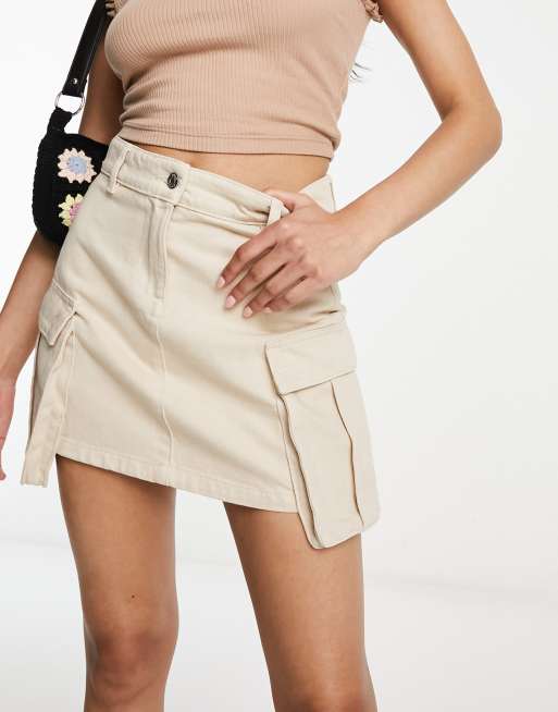 Miss Selfridge cargo pocket denim mini skirt in stone