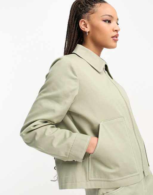 Miss Selfridge cargo utility zip front boxy jacket with contrast stitching in khaki part of a set