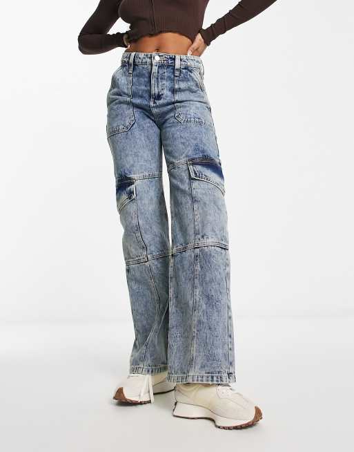 Baggy Fit Acid Wash Cargo Jeans