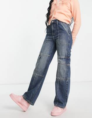 cargo wide leg jean in dark vintage wash-Blue
