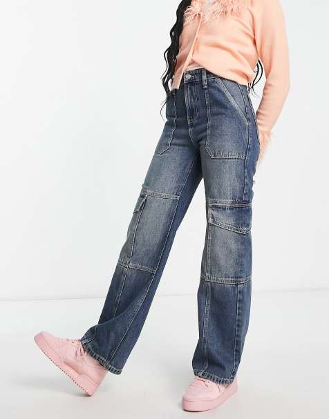 Miss Selfridge cargo wide leg jean in dark vintage wash - view 1