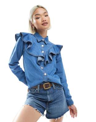 Miss Selfridge - Chambray-Jacke in mittlerer Waschung im Western-Stil mit Rüschen-Blau