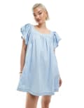 [Miss Selfridge] Miss Selfridge chambray mini dress in bleach wash-Blue 14 Bleach wash