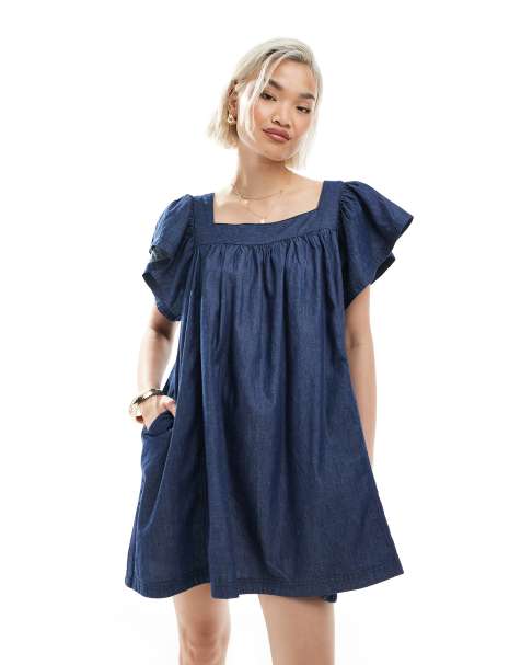 Miss Selfridge chambray mini dress in indigo wash - view 1