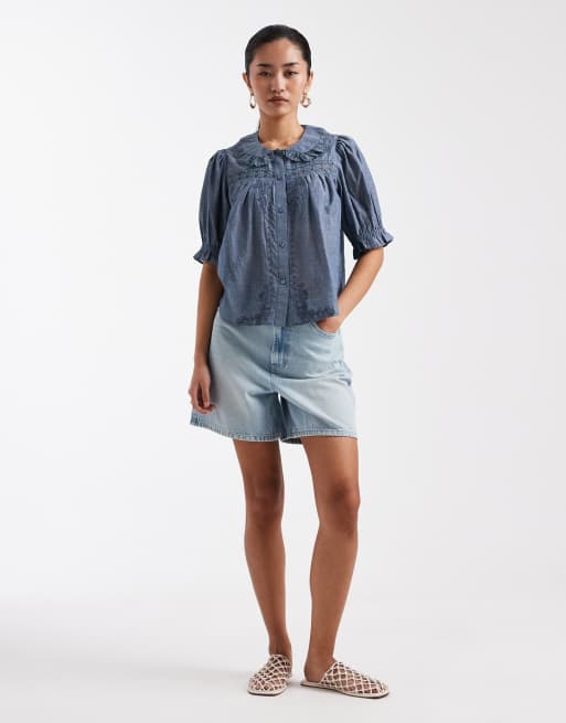 Miss Selfridge chambray peter collar blouse with lace detail in mid wash, 2 of 4