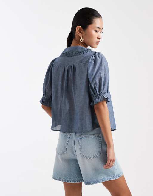 Miss Selfridge chambray peter collar blouse with lace detail in mid wash, 3 of 4