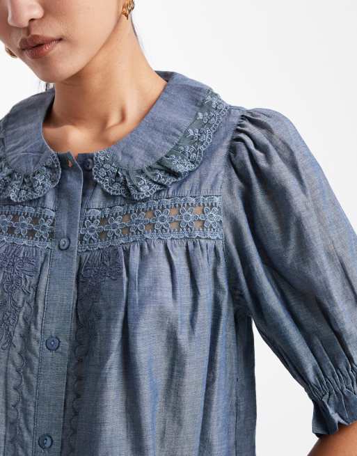 Miss Selfridge chambray peter collar blouse with lace detail in mid wash, 4 of 4