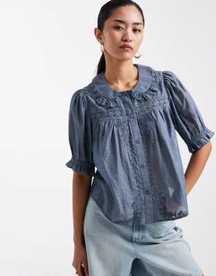 Miss Selfridge Chambray Peter Pan Collar Blouse With Lace Detailing In Blue