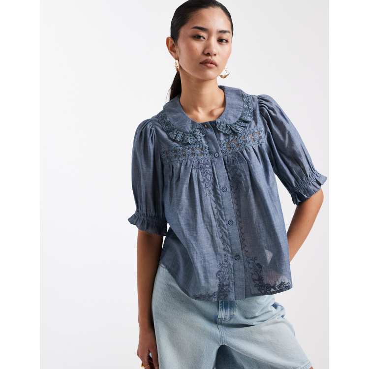 Miss Selfridge chambray peter pan collar blouse with lace