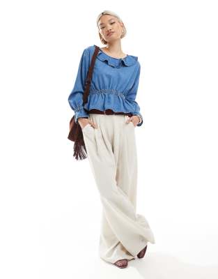 Miss Selfridge Chambray Ruffle Peplum Top In Blue