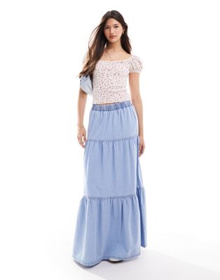 Miss Selfridge Chambray Tiered Maxi Skirt In Acid Blue Wash