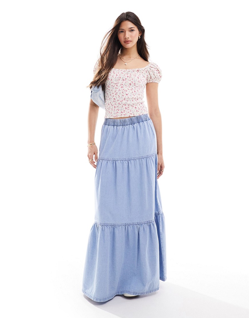 Miss Selfridge chambray tiered maxi skirt in acid blue wash