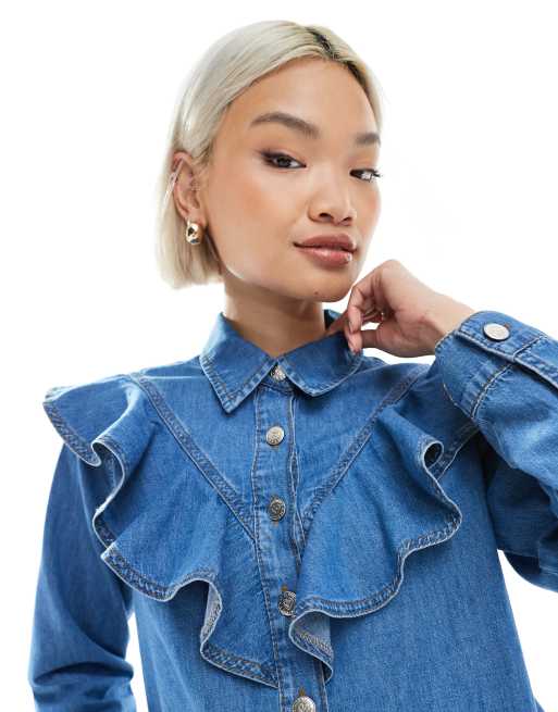 Miss Selfridge chambray western frill jacket in mid wash, 3 of 4