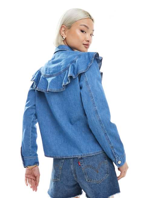 Miss Selfridge chambray western ruffle jacket in mid wash, 4 of 4