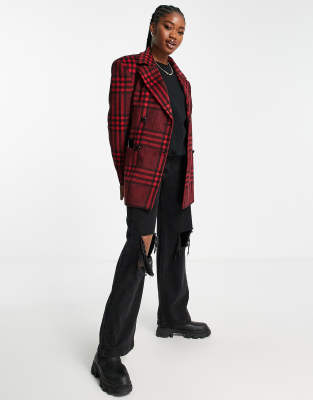 Miss Selfridge Check Blazer Jacket With Extreme Shoulders In Red