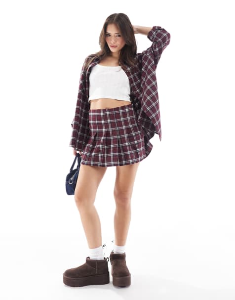 Miss Selfridge check flannel pleated mini skirt in burgundy - view 1
