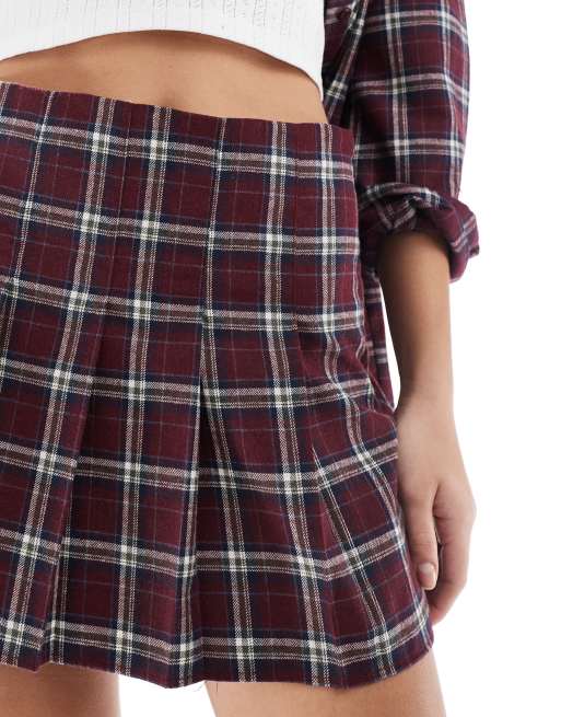 Miss Selfridge check flannel pleated mini skirt in burgundy ASOS