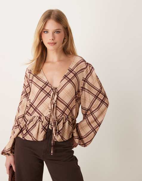 Miss Selfridge check tie front long sleeve top - view 1