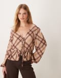 [Miss Selfridge] Miss Selfridge check tie front long sleeve top-Multi XS Check