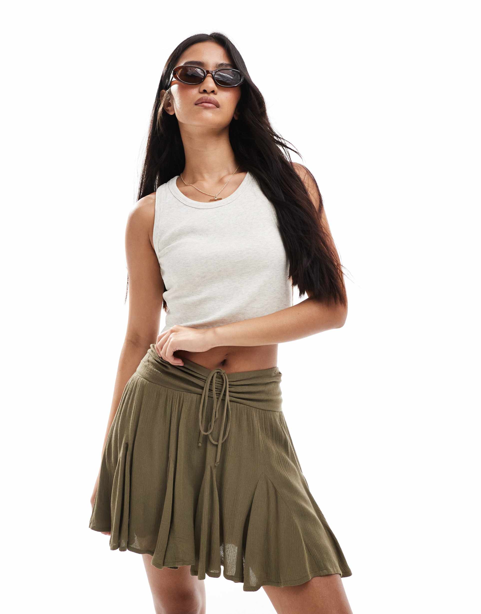 miss selfridge cheesecloth flippy shorts in khaki green