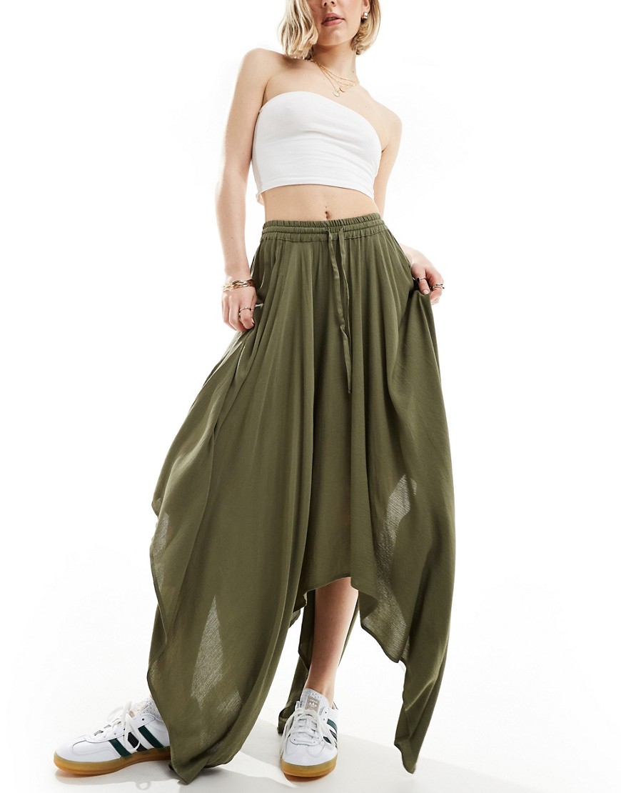 Miss Selfridge cheesecloth hanky hem maxi skirt in khaki-Green