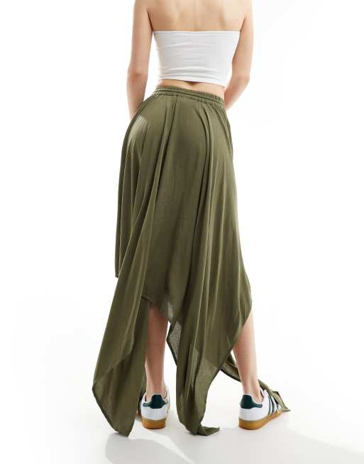Miss Selfridge cheesecloth hanky hem maxi skirt in khaki, 5 of 5