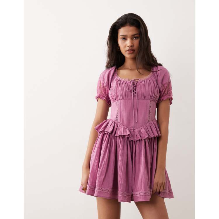 Miss Selfridge cheesecloth lace detail milkmaid dress in raspberry