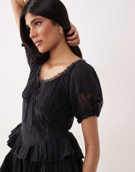Miss Selfridge cheesecloth lace detail milkmaid playsuit in black, 3 of 4
