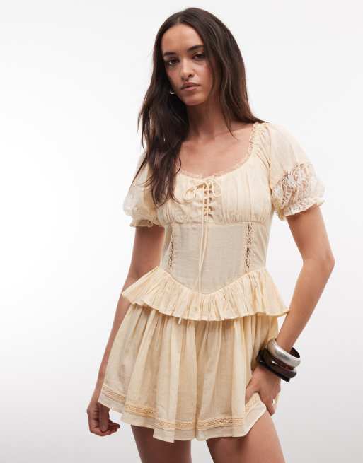 Miss Selfridge cheesecloth lace detail milkmaid playsuit in buttermilk, 2 of 4