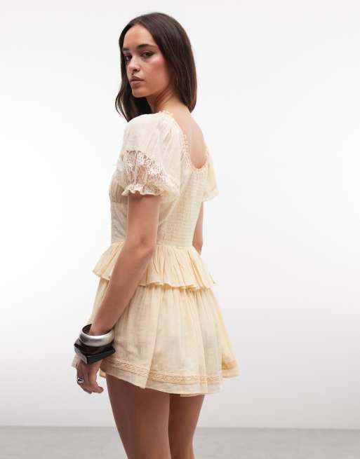 Miss Selfridge cheesecloth lace detail milkmaid playsuit in buttermilk, 4 of 4