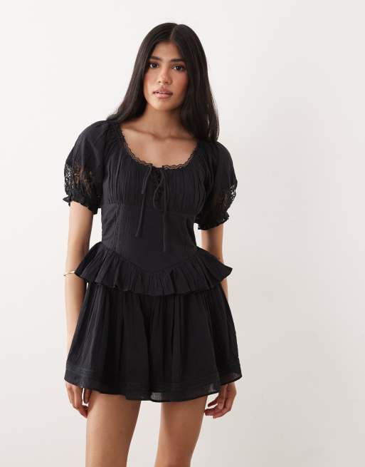 Miss Selfridge cheesecloth lace detail milkmaid romper in black, 2 of 4