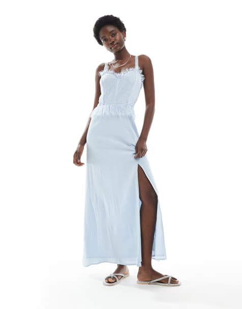 Miss Selfridge cheesecloth maxi corset dress with ribbon trims in blue - view 1