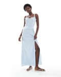 [Miss Selfridge] Miss Selfridge cheesecloth maxi corset dress with ribbon trims in blue-Green 14 Light blue